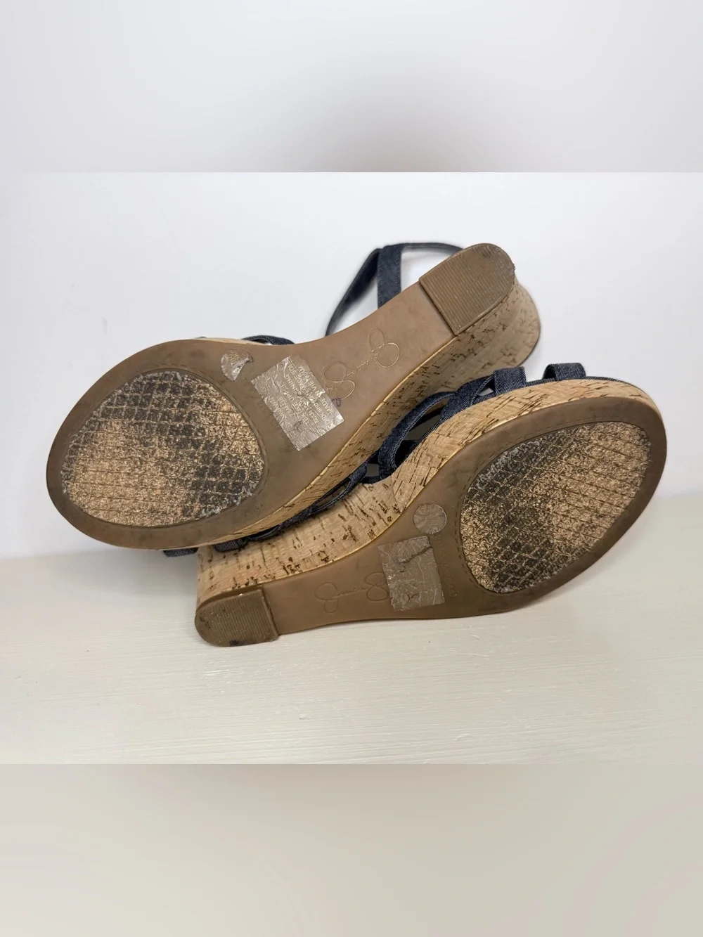 Jessica Simpson Denim Strappy Cork Wedge Navy Sandals Size 7.5